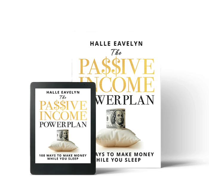 The Passive Income Power Plan book and e-reader edition, gold lettering over a hundred-dollar bill resting on a pillow